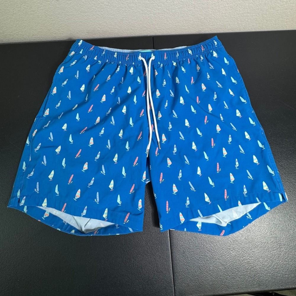 BONOBOS Mens Swim Trunks Blue Windsurf Print Elastic Waist Drawstring Size L